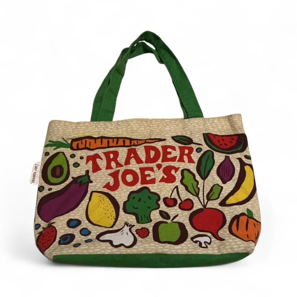 VTG Trader Joe's Canvas Tote Bag Multicolor Vegetable Print‎ USA